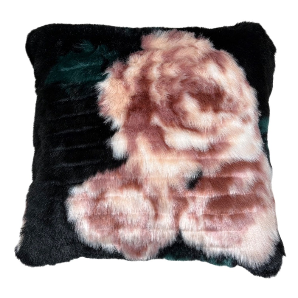 Emily‎ & Meritt Pottery Barn Faux Fur Decorative Throw Pillow Black Pink Roses